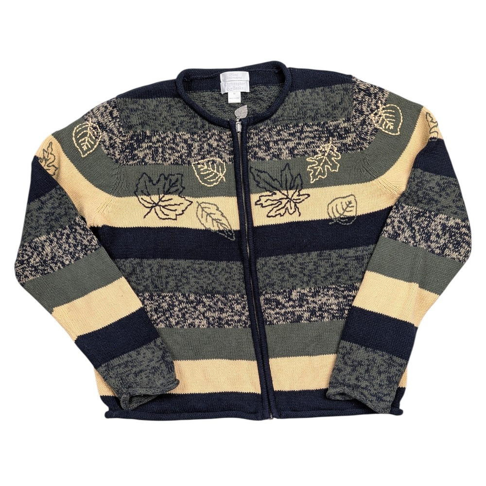 Christopher & Banks Zip Up Sweater Women Medium Green Leaf Grannycore Hand Embro